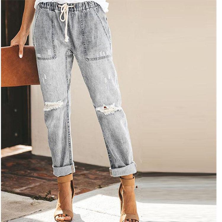 Women's Drawstring Ripped Straight-Leg Jeans