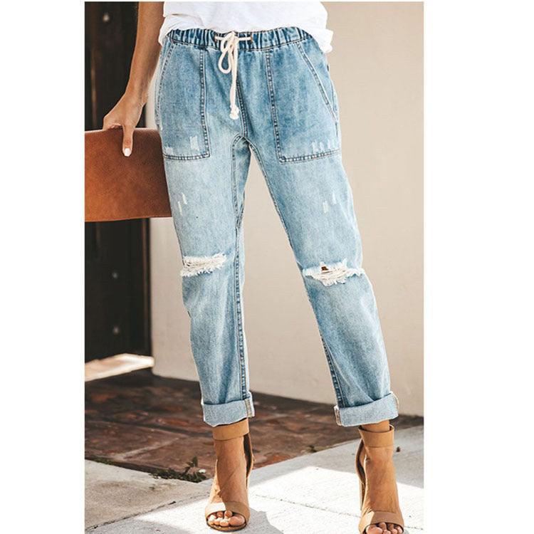 Cross-Border Wish AliExpress Women's Jeans Fashion Casual Street Hipster Korean Style Straight Leg Pants Ripped Trousers - Trendha