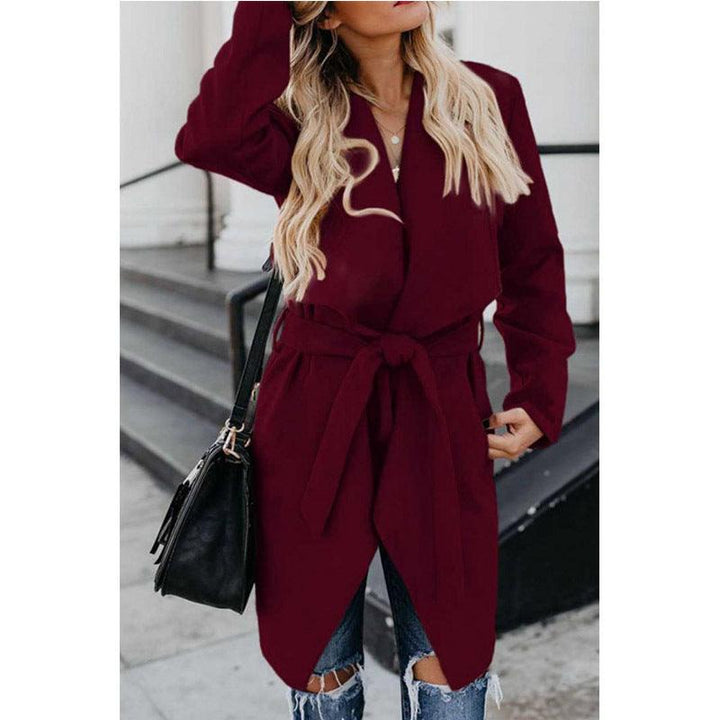 Lapel solid color long trench coat - Trendha