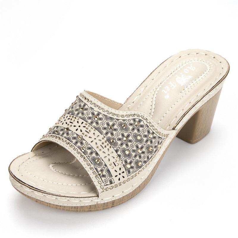 Summer New Style 2021 High-Heeled Shoes Ethnic Wind Rhinestone Thick Heel Totem Cross-Border Ladies Sandals Comfortable Slippers Large Size - Trendha