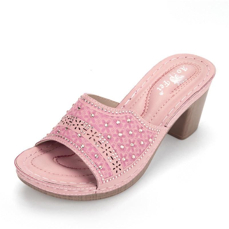 Summer New Style 2021 High-Heeled Shoes Ethnic Wind Rhinestone Thick Heel Totem Cross-Border Ladies Sandals Comfortable Slippers Large Size - Trendha