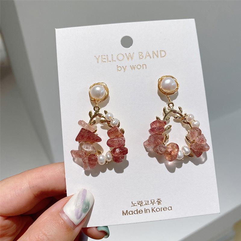 Pearl Earrings Temperament Super Fairy Crystal Net Red Earrings Design Leaf Earrings - Trendha