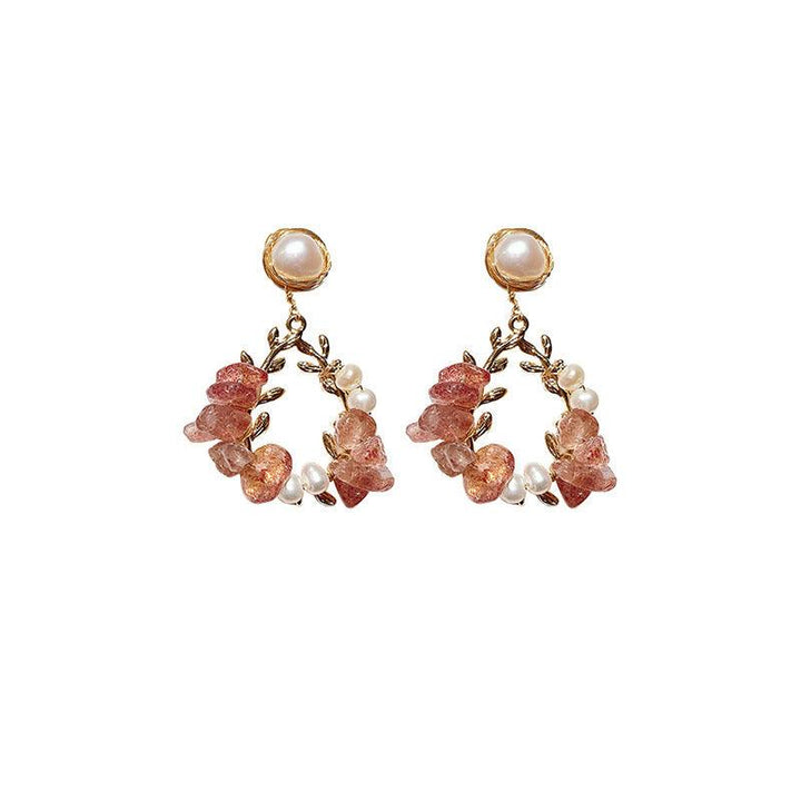 Pearl Earrings Temperament Super Fairy Crystal Net Red Earrings Design Leaf Earrings - Trendha