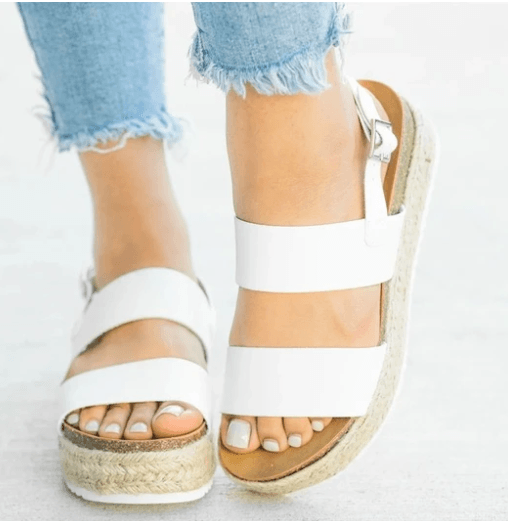 Open-toe flat hemp mid-heel rubber buckle sandals - Trendha