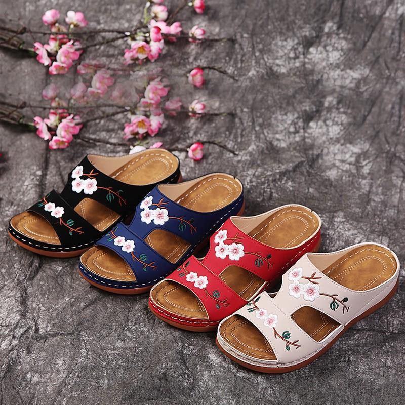Women'S Plus Size Flower Open-Toe T-Shaped Wedge Sandals And Slippers - Trendha