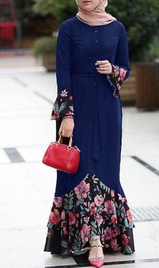 Spliced Flower Print Design Long Sleeve Button Decoration Loose Long Dress - Trendha