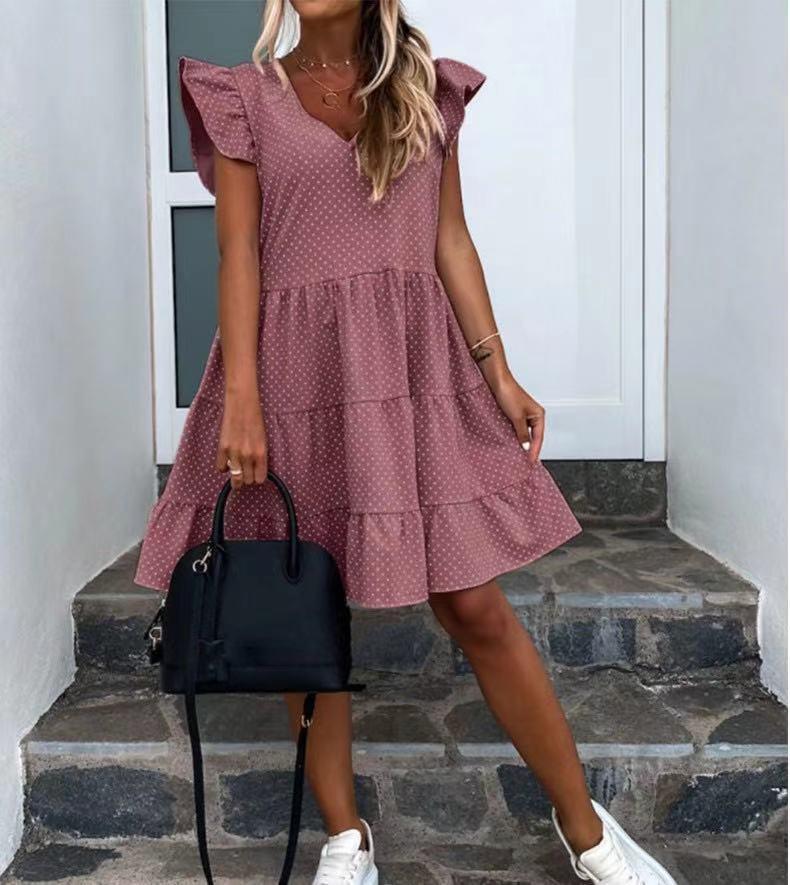Digital print V-neck ruffled dress - Trendha