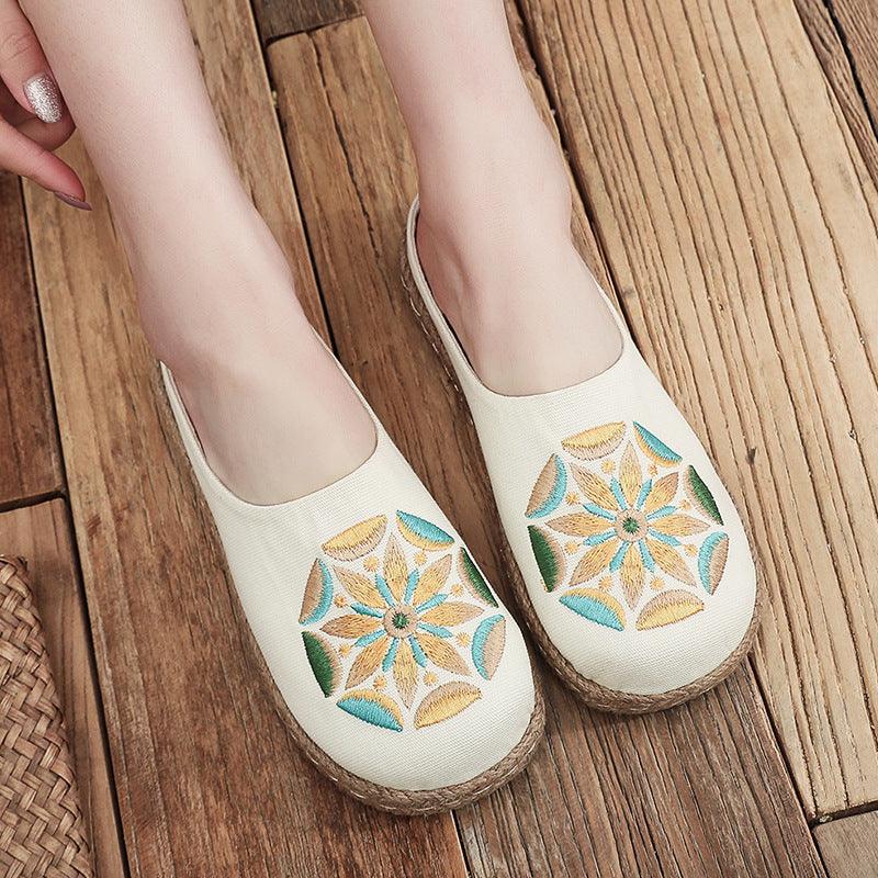Baotou Sandals And Slippers, Women's Ethnic Style Embroidered Linen Half-mop Shoes, Flat-bottomed Lazy Shoes - Trendha