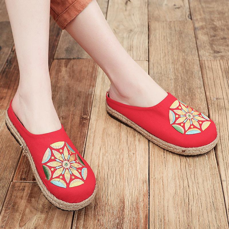 Baotou Sandals And Slippers, Women's Ethnic Style Embroidered Linen Half-mop Shoes, Flat-bottomed Lazy Shoes - Trendha