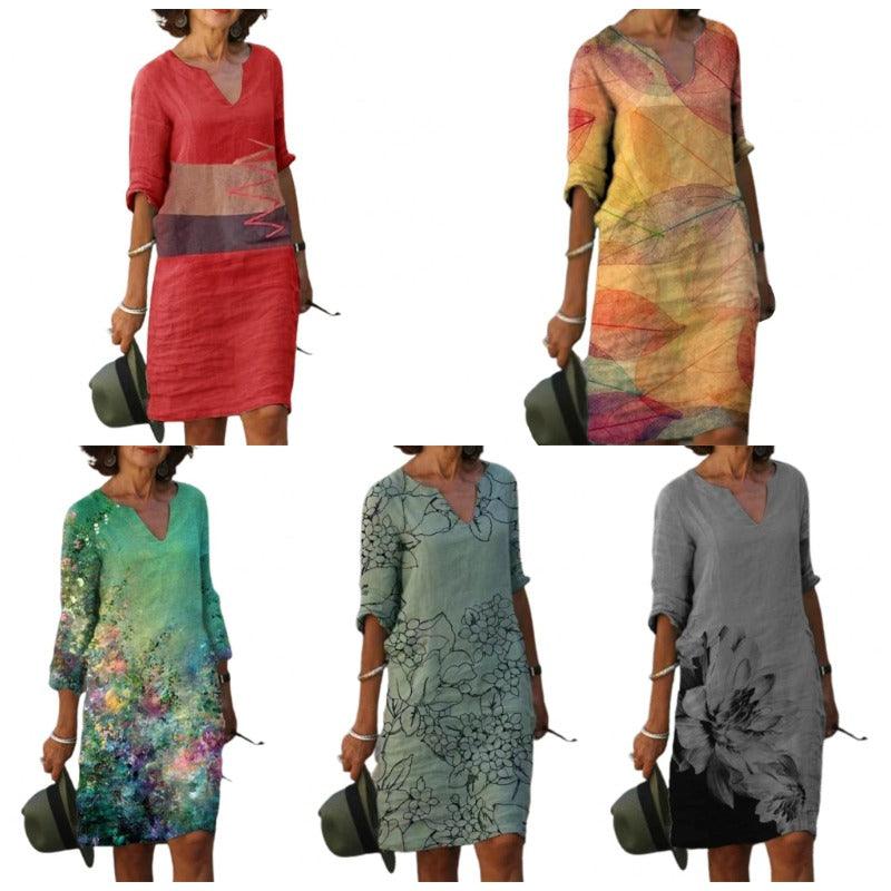 Printed Casual Loose Waist Mid-skirt Dress - Trendha