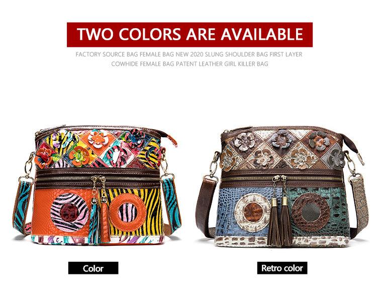 Retro Handbags Cowhide Stitching One-shoulder Messenger Bag Color Flowers Ladies Bag Casual Leather Bag - Trendha
