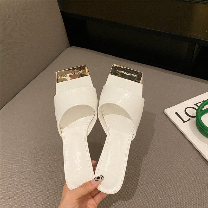 Infrared In-line Slippers Female Stiletto Retro Metal Square Toe Open-toe Sandals - Trendha