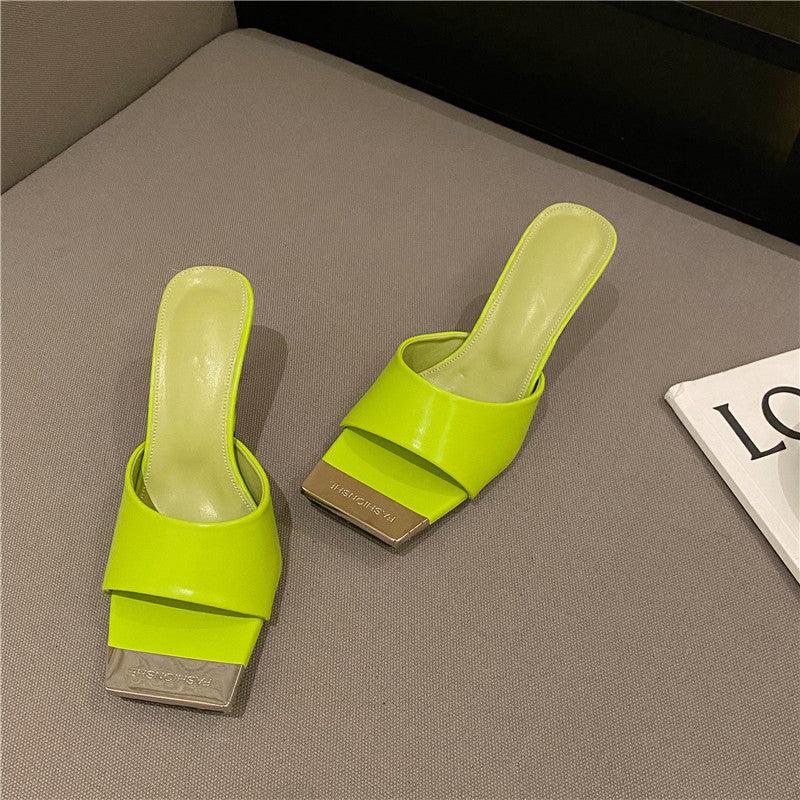 Infrared In-line Slippers Female Stiletto Retro Metal Square Toe Open-toe Sandals - Trendha