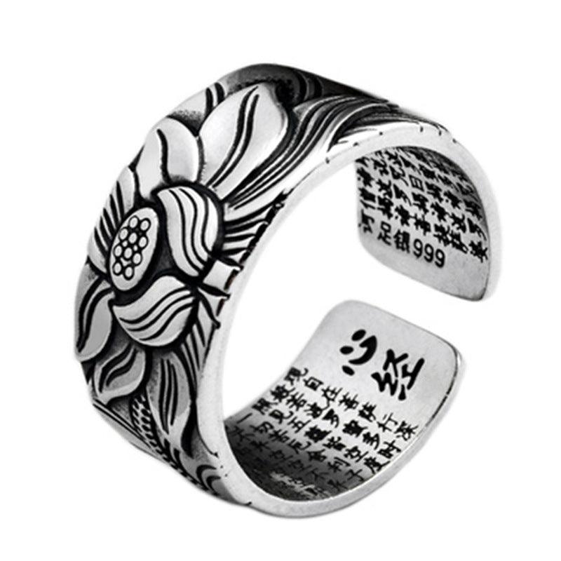 Buddhism Jewelry Like Vintage And Old Real Silver Plated Prajna Paramita Heart Sutra Lotus Ring - Trendha