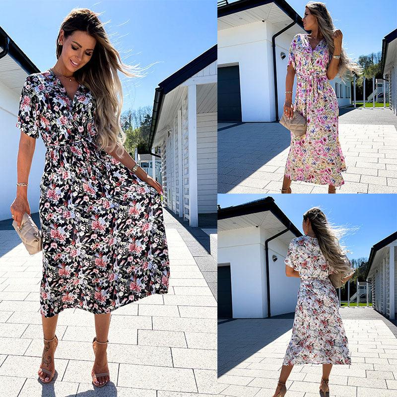 The New V-Neck Waistband Lace-Up Print Midi Dress - Trendha