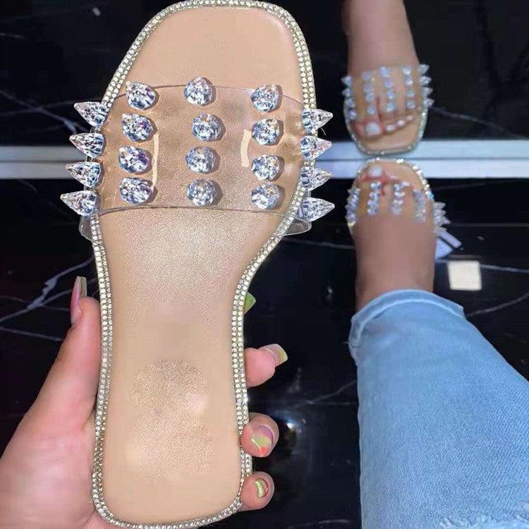 Rhinestone Rivet Flat Beach Slide Sandals