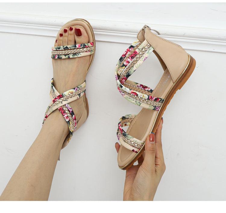 Non-slip Roman Shoes With Open-toed Floral Cloth - Trendha