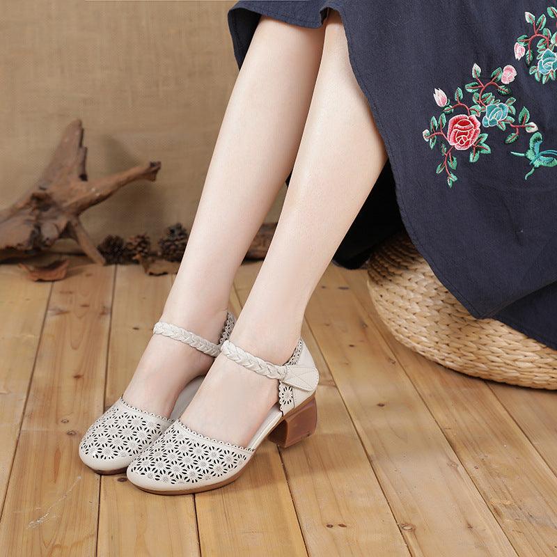 Fashion Ethnic Style Leather Mori Women's Shoes Thick Heel Hollow Toe Shoes - Trendha