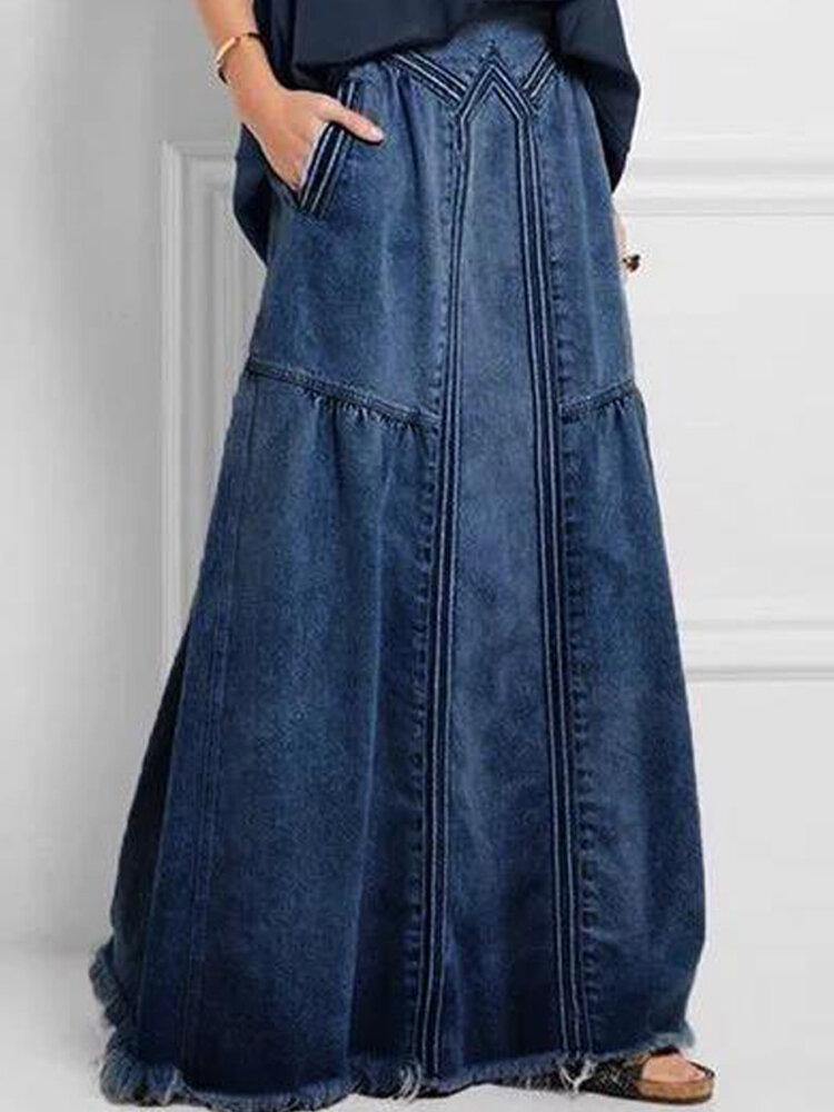 Women Distressed Solid Color Elastic Waist Loose Denim Skirt With Pocket - Trendha
