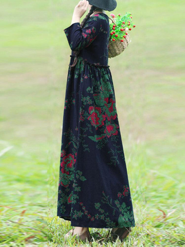 Bohemian Floral Printed Ruffles With Side Pockets Loose Maxi Dress - Trendha