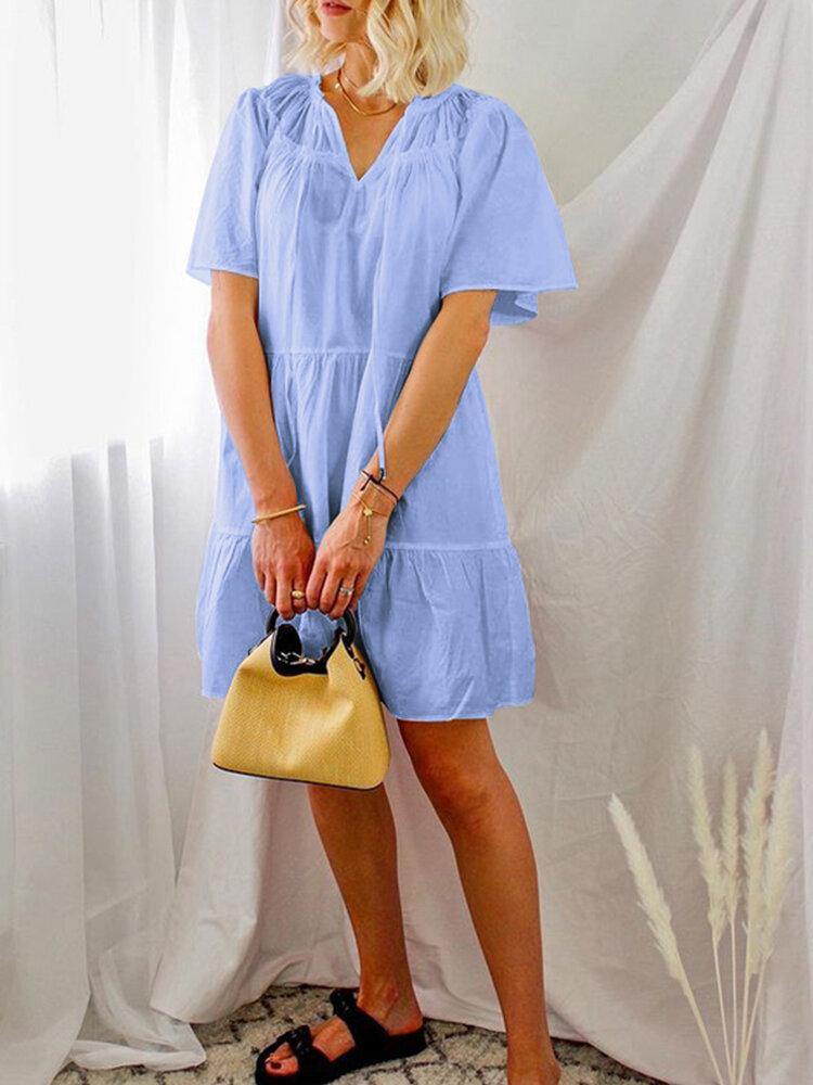 Women Solid Color Short Sleeve Elegant Dress - Trendha