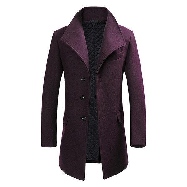 Mens Winter Single-breasted Woolen Blended Trench Coat Fashion Solid Color Overcoat - Trendha