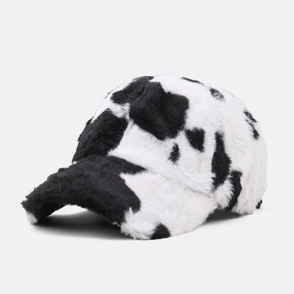Women Plush Cow Pattern Warm Fashion Personality Sunvisor Baseball Hat - Trendha