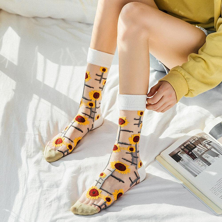 Women Ultra-Thin Cotton Sunflower Vine Flower Breathable Absorbent Silk Stockings Tube Socks - Trendha