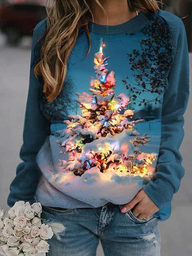 Women Christmas Tree Landscape Print O-Neck Sweatshirts - Trendha