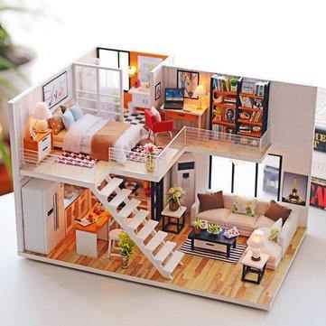 Loft Apartments Miniature Dollhouse Wooden Doll House Furniture LED Kit Christmas Birthday Gifts - Trendha