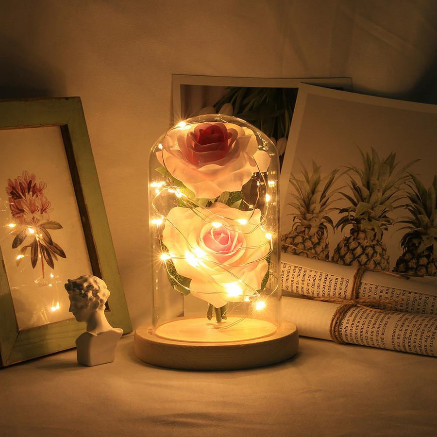 Romantic Immortal Flower Micro Landscape Rose Simulation Glass Shade Led Llight - Trendha