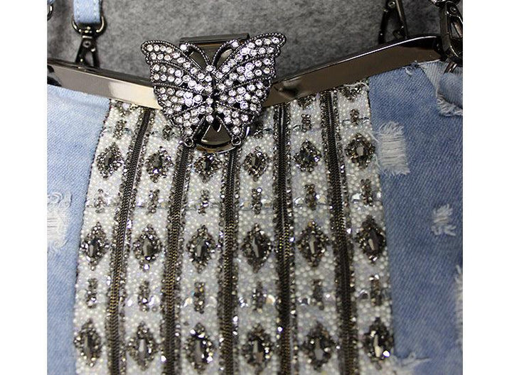 Light Blue Denim Butterfly Clip Diamond Crossbody Bag - Trendha