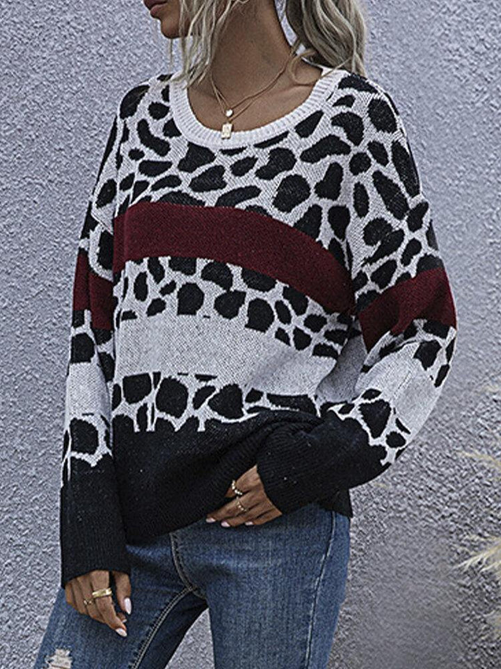 Women Leopard Printed Patchwork O-Neck Pullover Knitted Sweater - Trendha