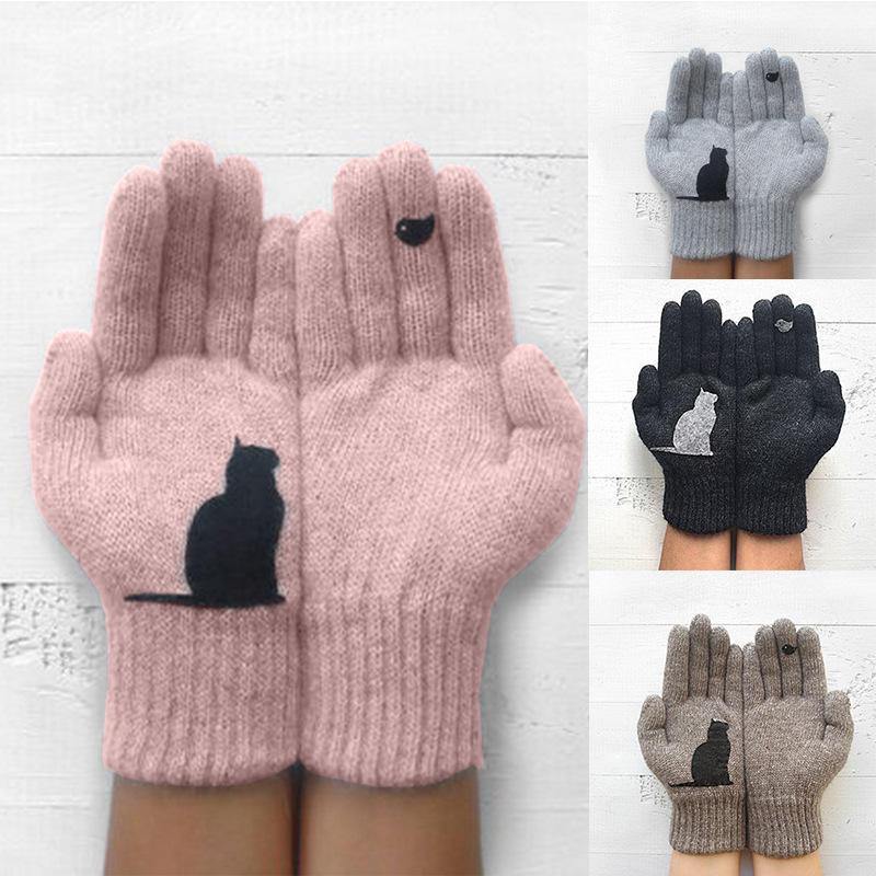 Women's Wool Gloves Autumn Winter Outdoor Warm Cold Padded Cat Bird Print Glove - Trendha