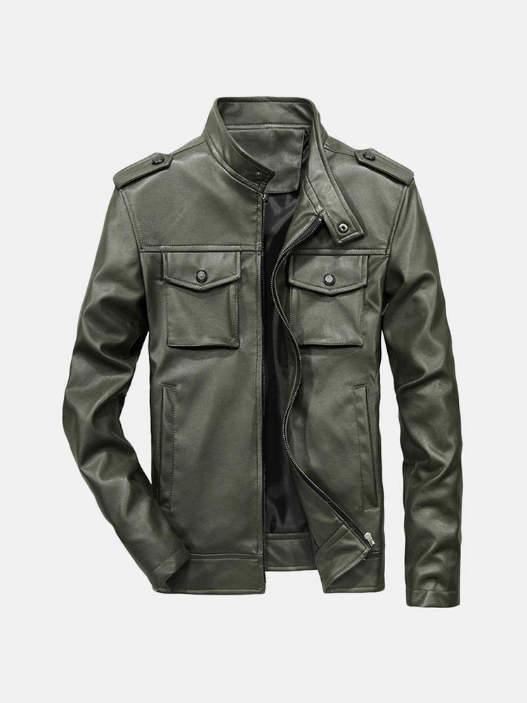 Mens Multi-pocket Faux Leather Stand Collar Jacket - Trendha