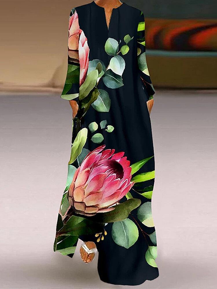 Nature V-Neck Floral printed Fashion European Retro Loose Dress - Trendha
