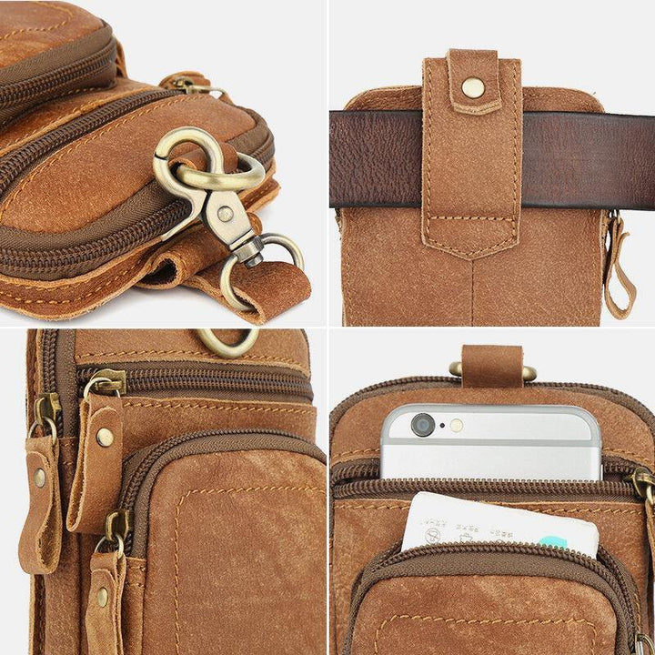 Men Genuine Leather Multi-pocket Belt Bag Retro 6.5 Inch Phone Bag Waist Bag With Hook - Trendha