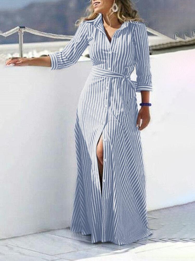 Women 100% Cotton Classical Striped Print Lapel Button Front Lace-Up Casual Shirt Dress - Trendha