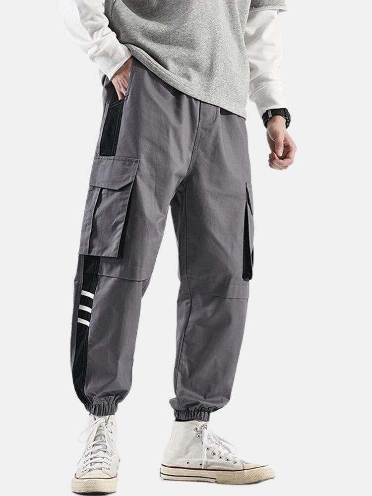 Mens Side Striped Patchwork Cotton Drawstring Cuffed Cargo Jogger Pants - Trendha