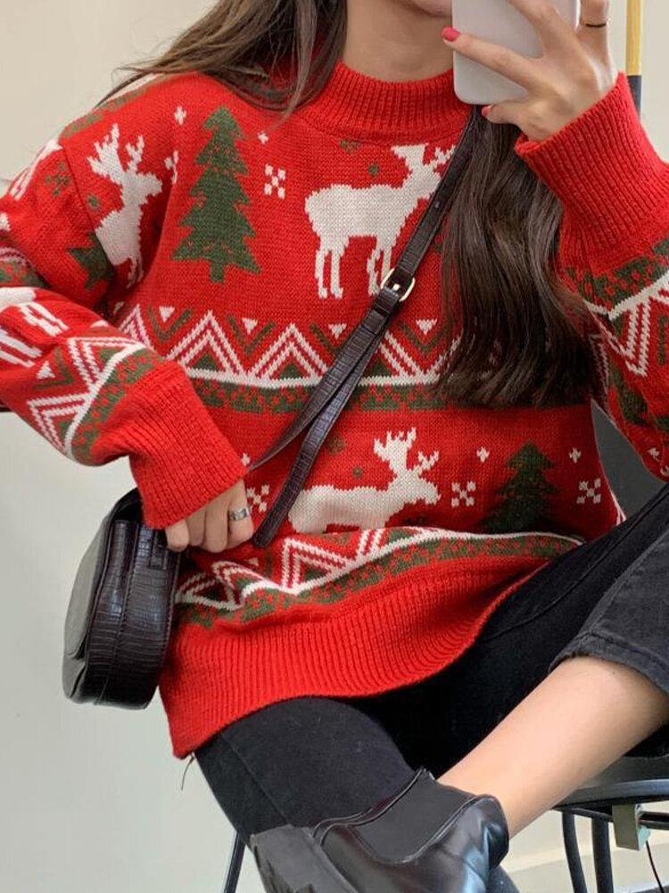 Women Christmas Pattern Print Crew Neck Thick Warm Casual Knitted Sweater - Trendha