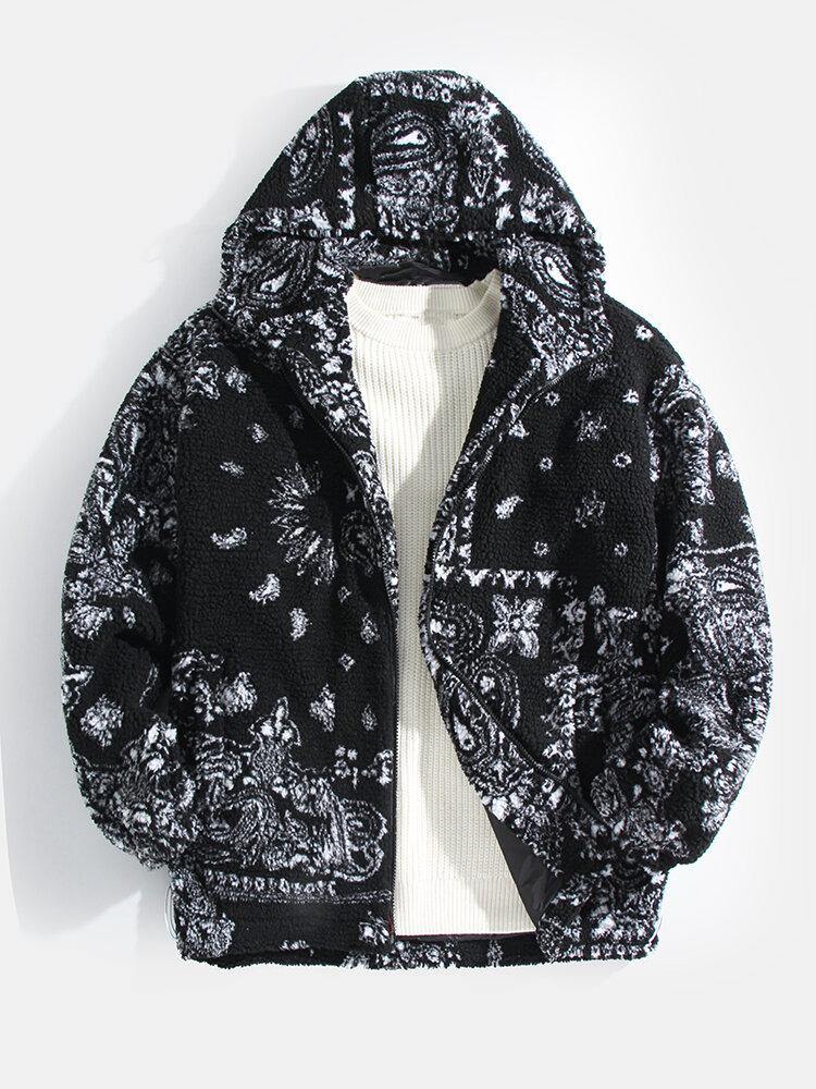Mens Baroque Print Warm Sherpa Ethnic Style Hooded Jacket With Pocket - Trendha