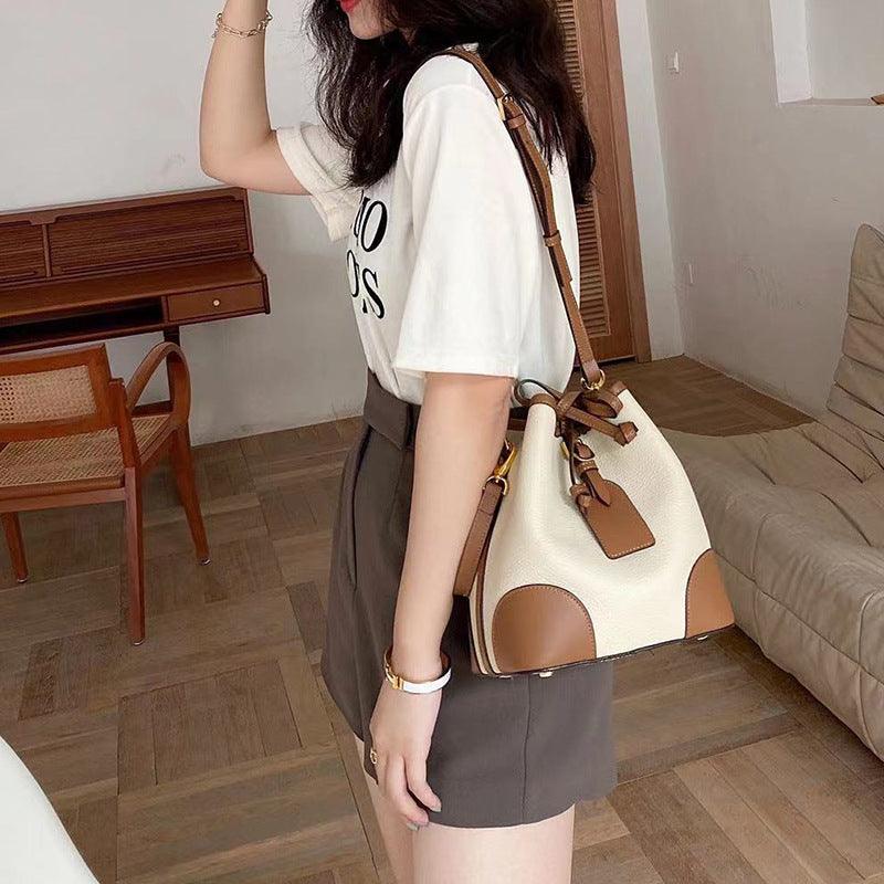 Women's First Layer Cowhide Drawstring Bucket Bag Soft Leather Bag - Trendha
