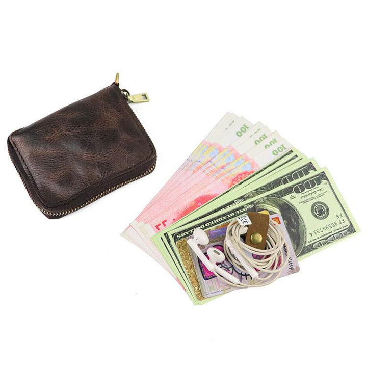 Zipper folding compact vegetable tanned leather wallet - Trendha
