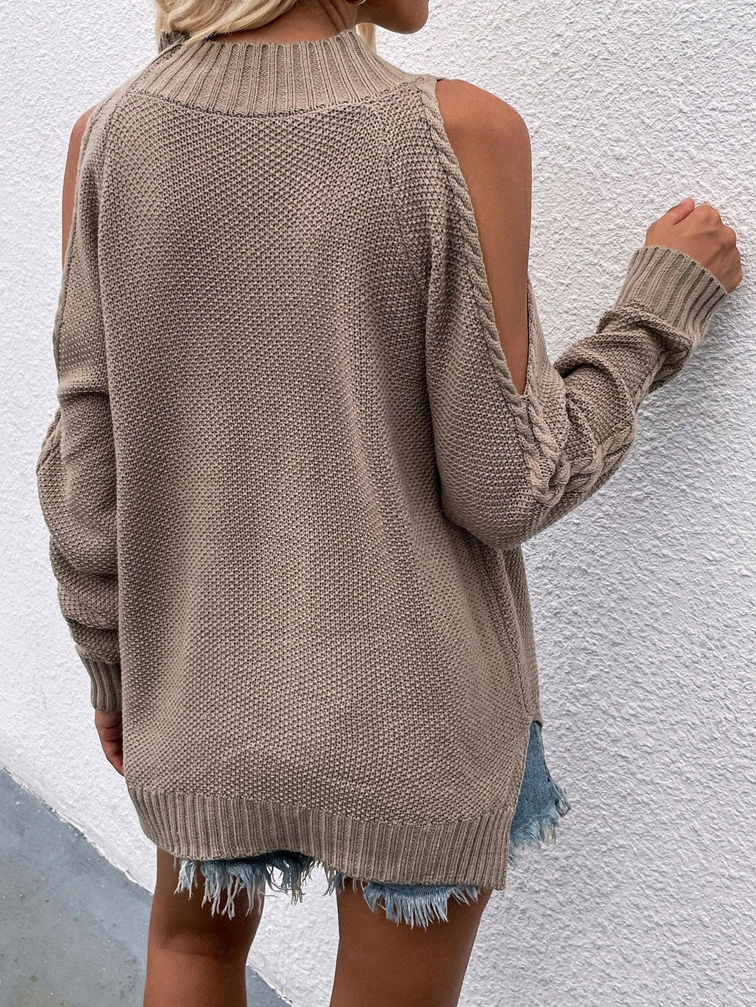 Cable-Knit Cold Shoulder Sweater - Trendha