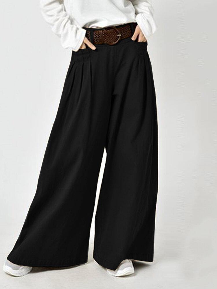 Women Solid Color Elastic Waist Pleats Wide Leg Pants With Pocket - Trendha