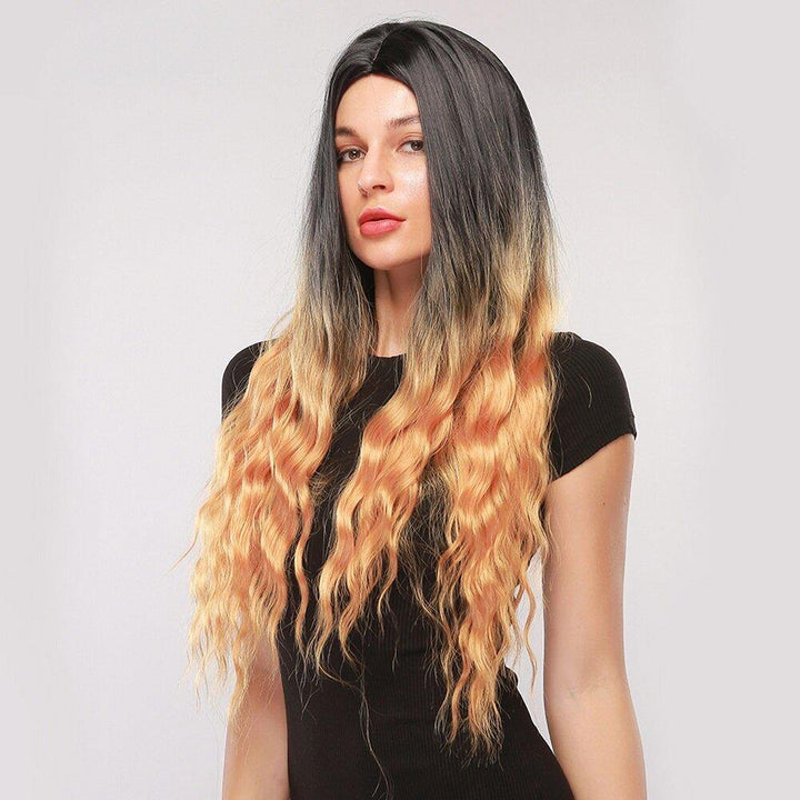 30 Inch Black Gradient Gold Long Curly Hair Fluffy Synthetic Fiber Prom Full Head Cover Wig - Trendha