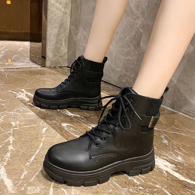 Lace-Up Buckle-Detail PU Ankle Boots