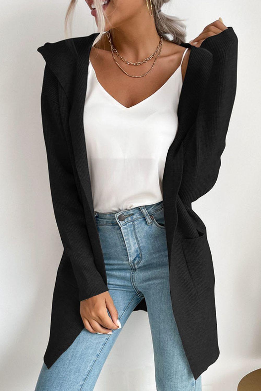 Ribbed Open Front Hooded Cardigan with Pockets - Trendha
