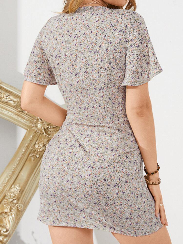 Daily Casual Floral Wrapped Body Tie V-neck Short Printed Mini Dress - Trendha
