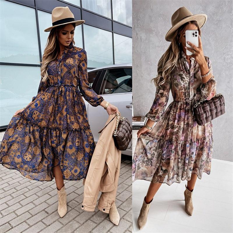 European And American New Style Printed Long-Sleeved Dress - Trendha
